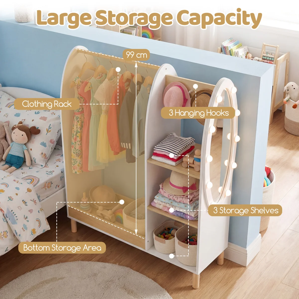 Kids Open Hangin Dress Up Storage with Mirror and Lights - Brown – image 6