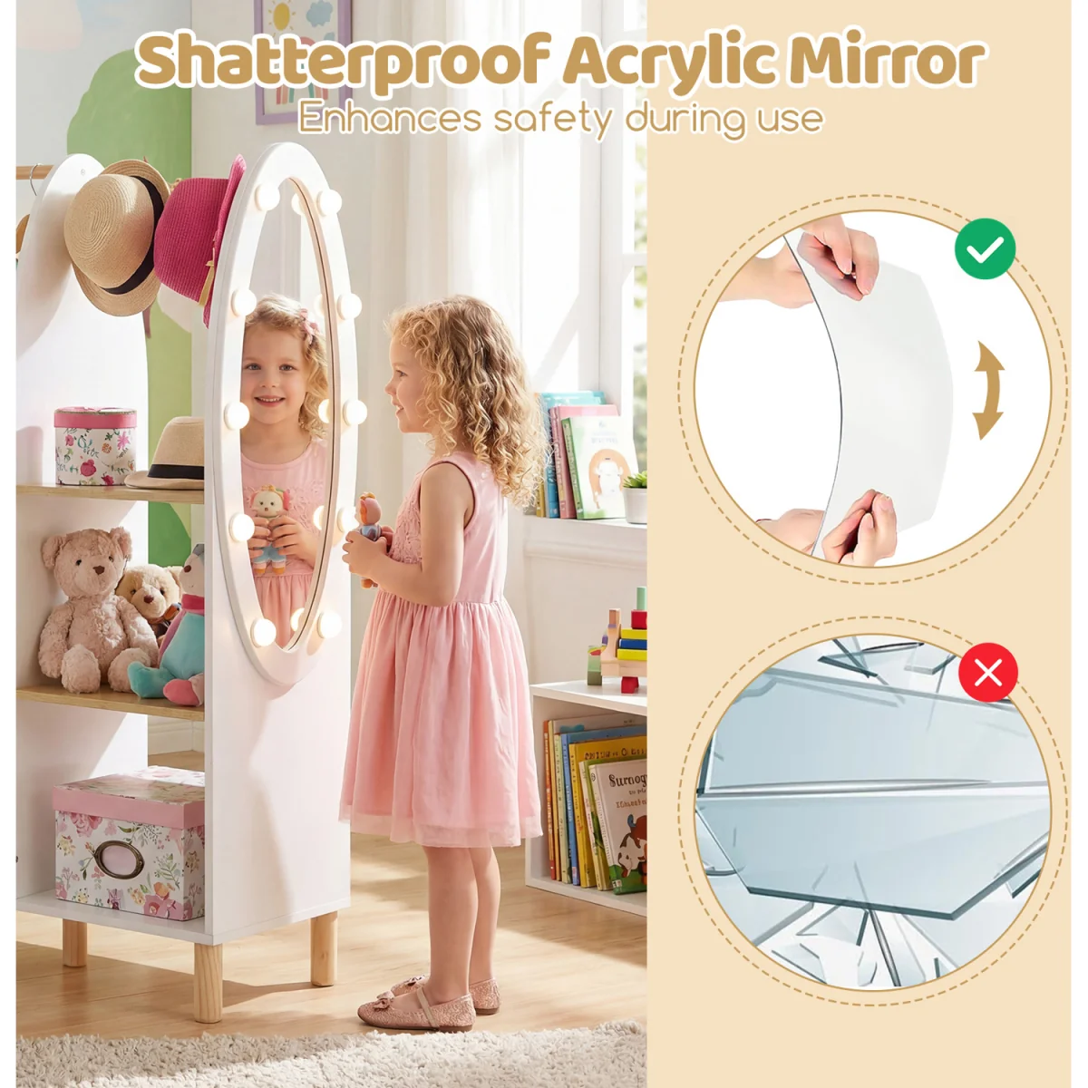 Kids Open Hangin Dress Up Storage with Mirror and Lights - Brown – image 7