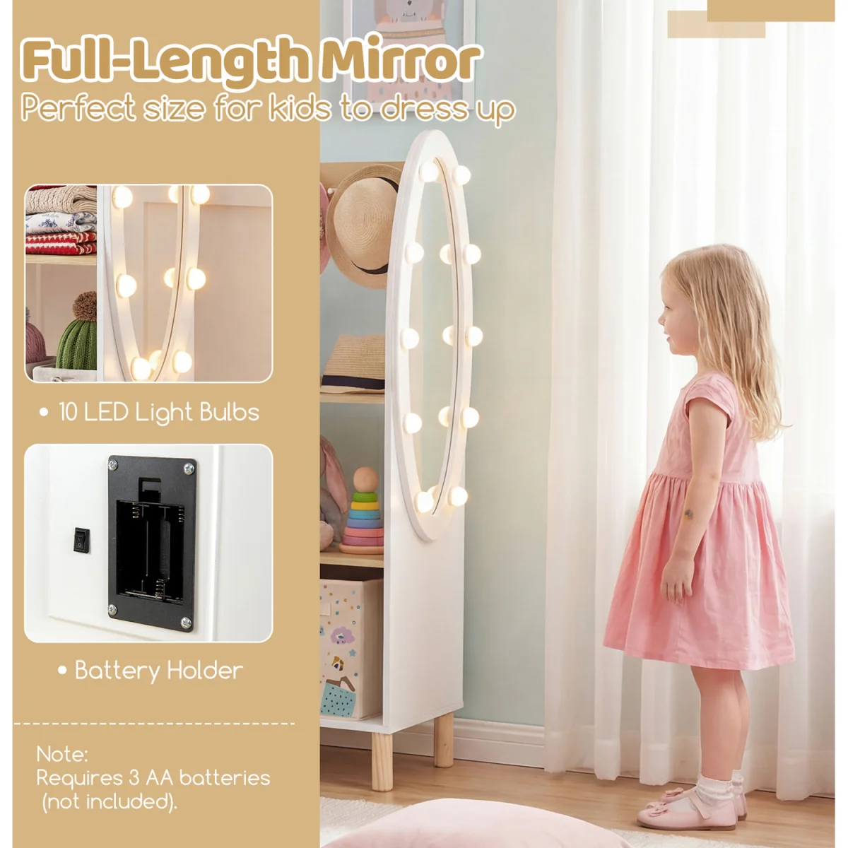 Kids Open Hangin Dress Up Storage with Mirror and Lights - Brown – image 8