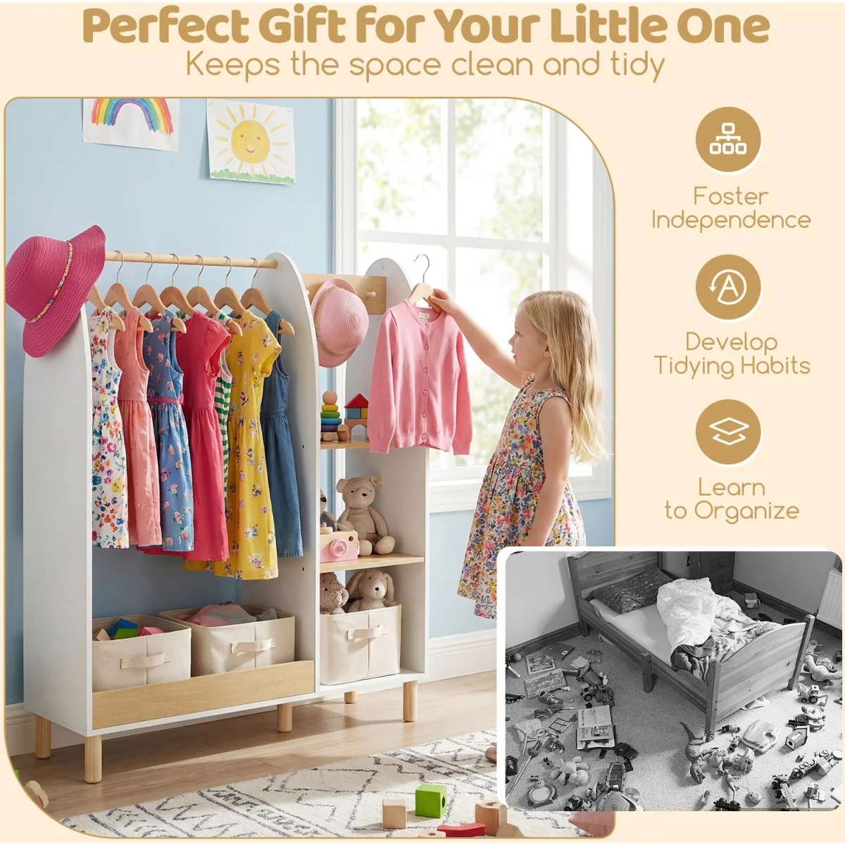 Kids Open Hangin Dress Up Storage with Mirror and Lights - Brown – image 10