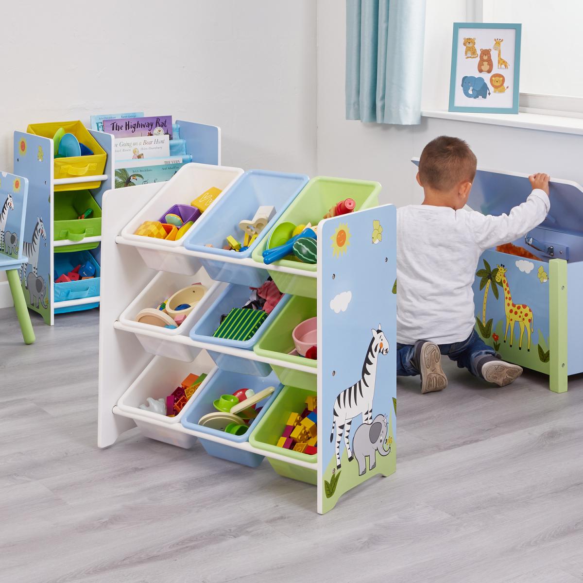 Kids Safari Storage Shelf Unit with 9 Plastic Storage Boxes - Multicoloured – image 2