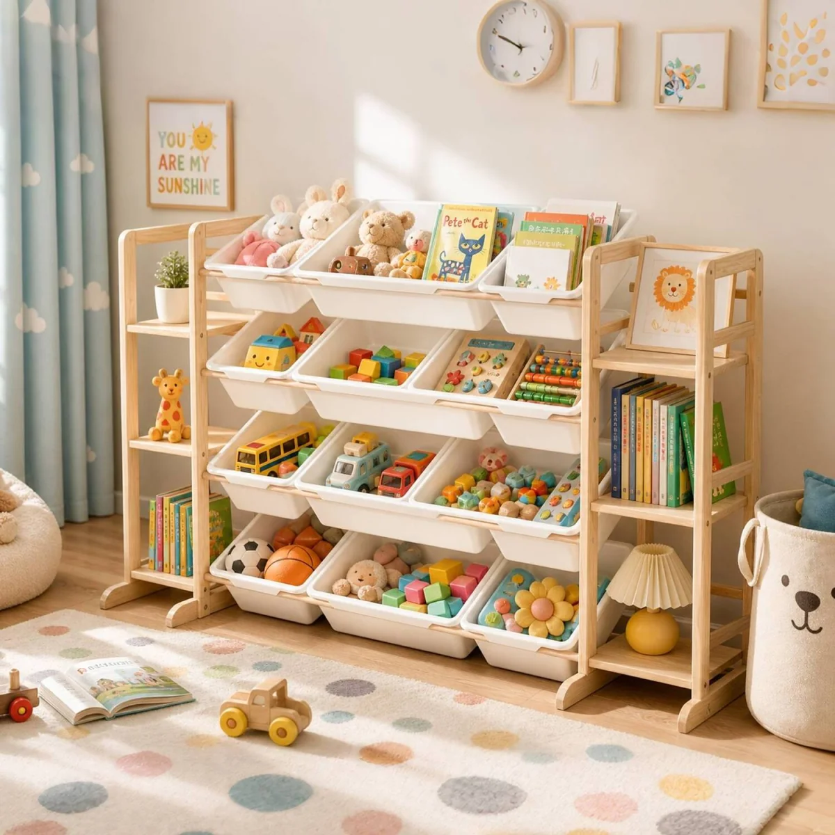GALACTICA Kids Toy Storage Organizer Bookshelf Wooden w/ Storage Bin 52.3"W - Yellow – image 2