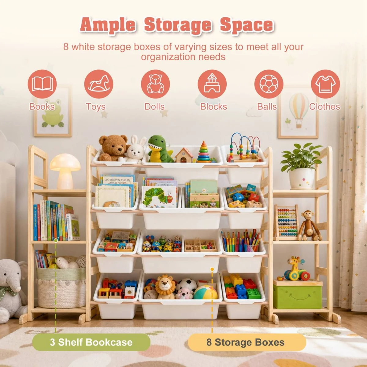 GALACTICA Kids Toy Storage Organizer Bookshelf Wooden w/ Storage Bin 52.3"W - Yellow – image 3