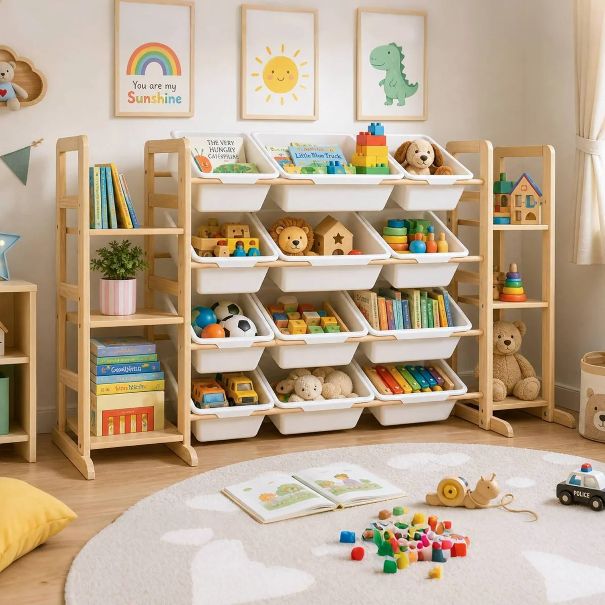 GALACTICA Kids Toy Storage Organizer Bookshelf Wooden w/ Storage Bin 52.3"W - Yellow – image 6