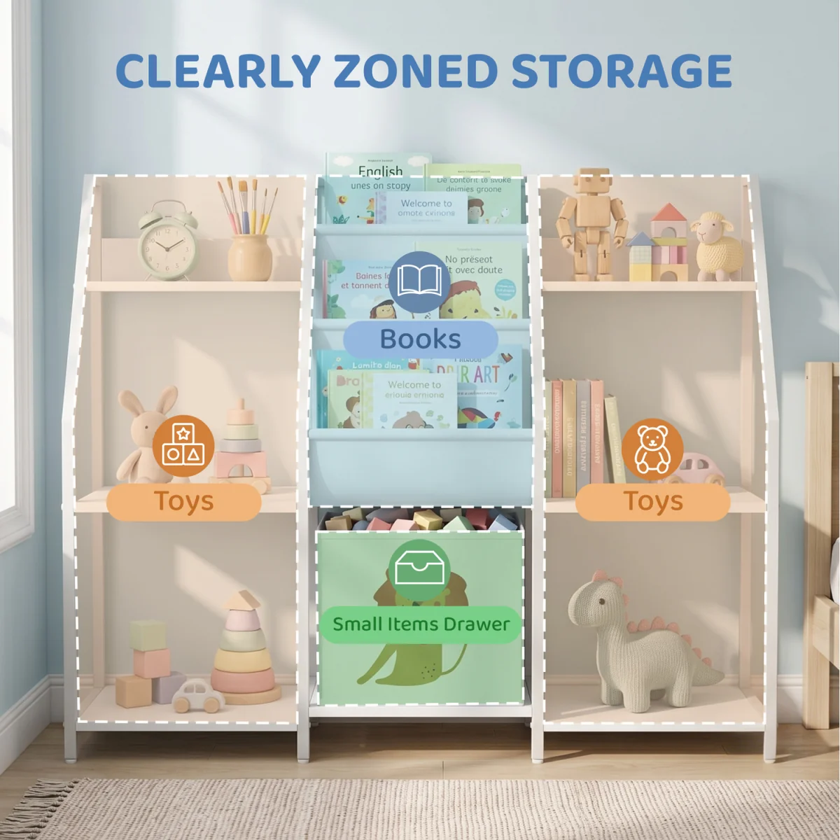 AIYAPLAY Kids Bookshelf and Toy Storage for Nursery, Bedroom, White - White – image 9