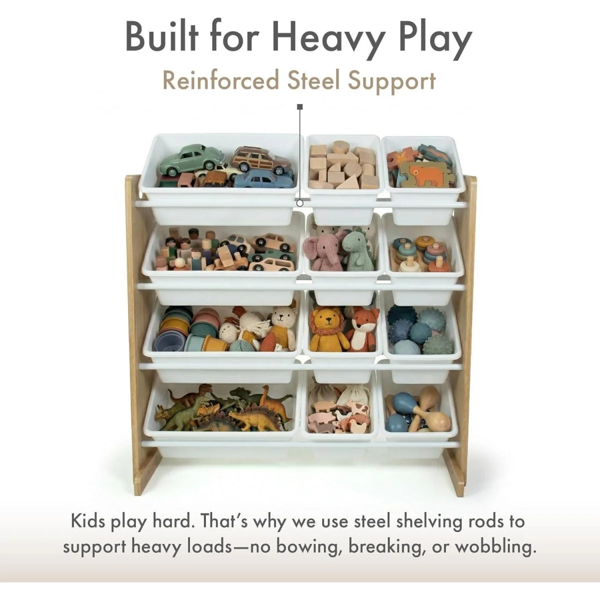 Kids Wooden Toy Storage Organiser with 12 Plastic Storage Bins Beige Playroom Unit for Toddlers - White – image 2