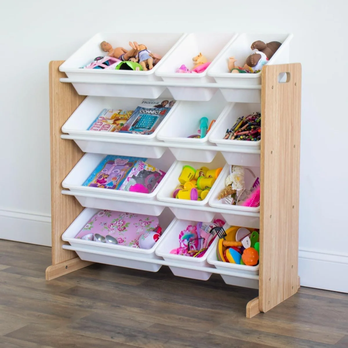 Kids Wooden Toy Storage Organiser with 12 Plastic Storage Bins Beige Playroom Unit for Toddlers - White – image 4