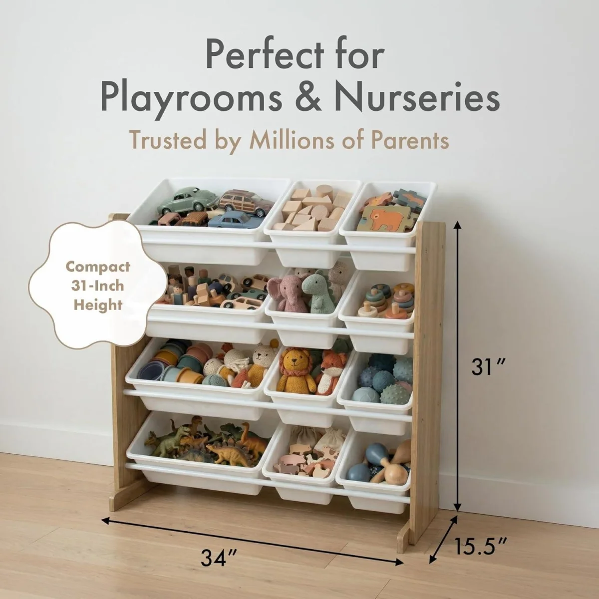 Kids Wooden Toy Storage Organiser with 12 Plastic Storage Bins Beige Playroom Unit for Toddlers - White – image 5