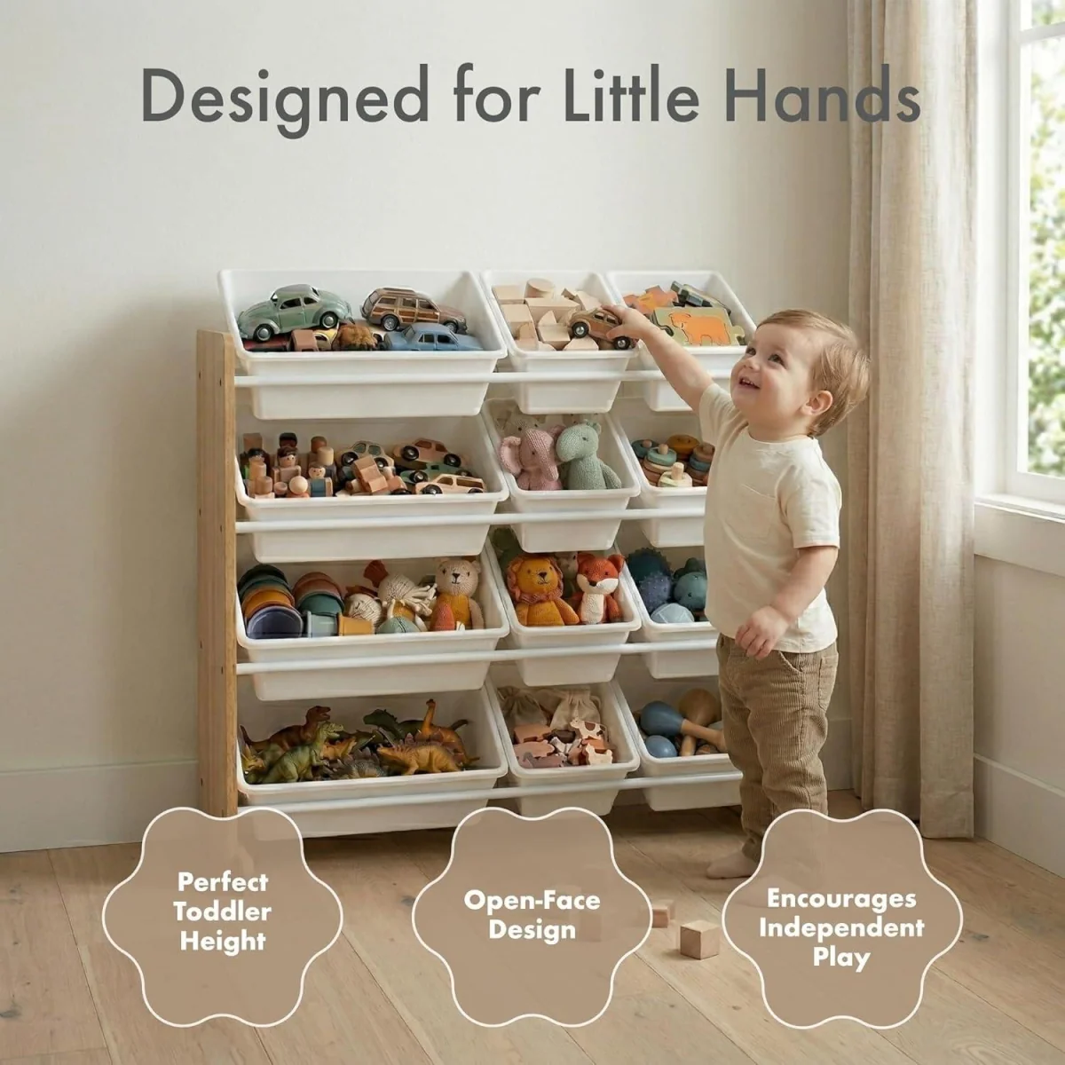 Kids Wooden Toy Storage Organiser with 12 Plastic Storage Bins Beige Playroom Unit for Toddlers - White – image 6