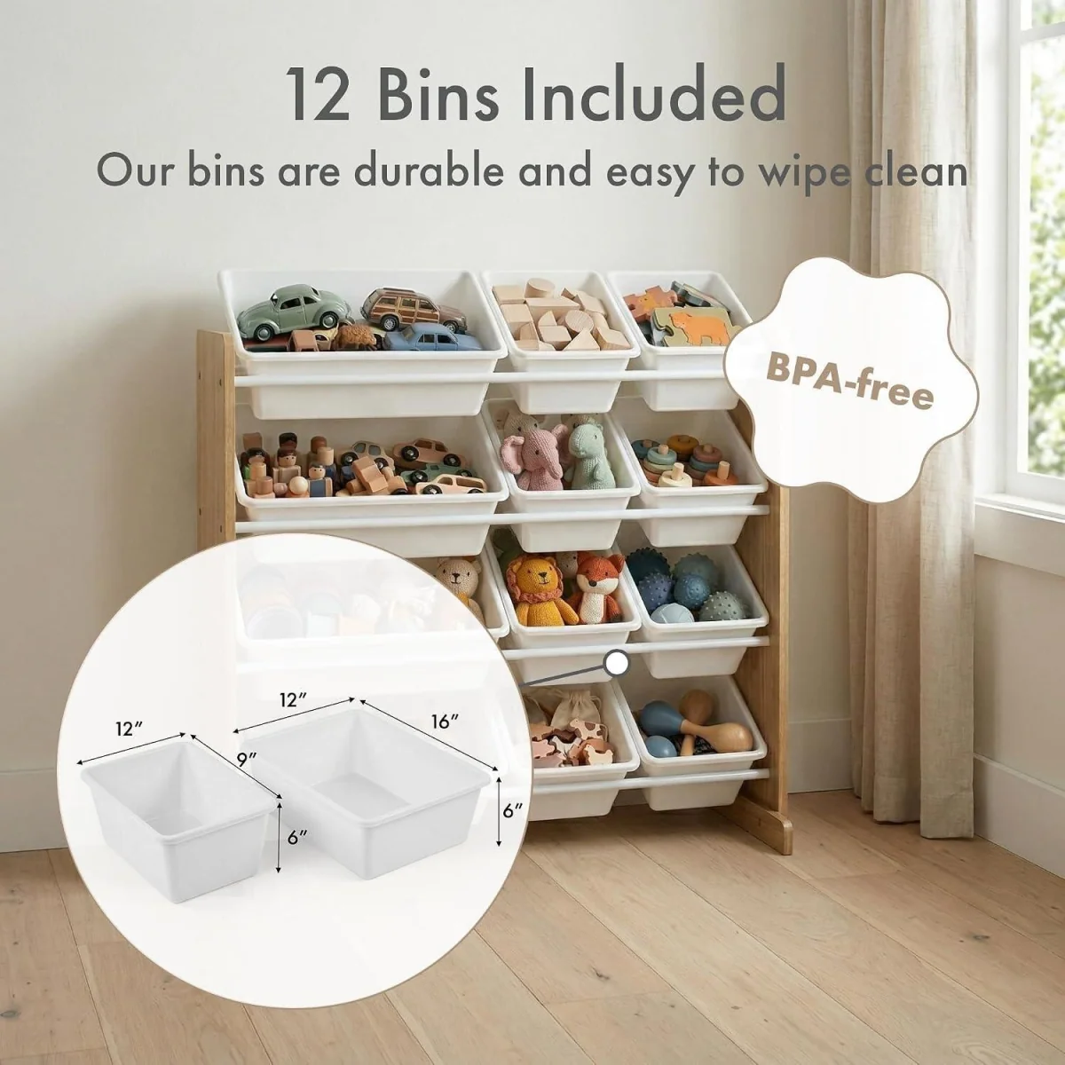 Kids Wooden Toy Storage Organiser with 12 Plastic Storage Bins Beige Playroom Unit for Toddlers - White – image 7