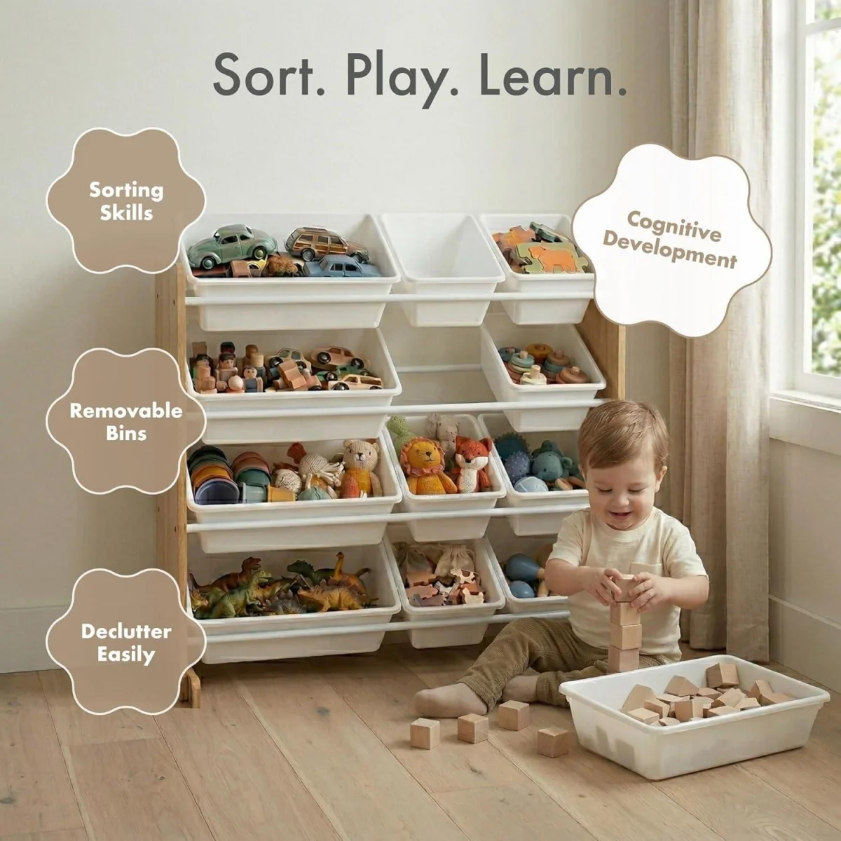 Kids Wooden Toy Storage Organiser with 12 Plastic Storage Bins Beige Playroom Unit for Toddlers - White – image 8