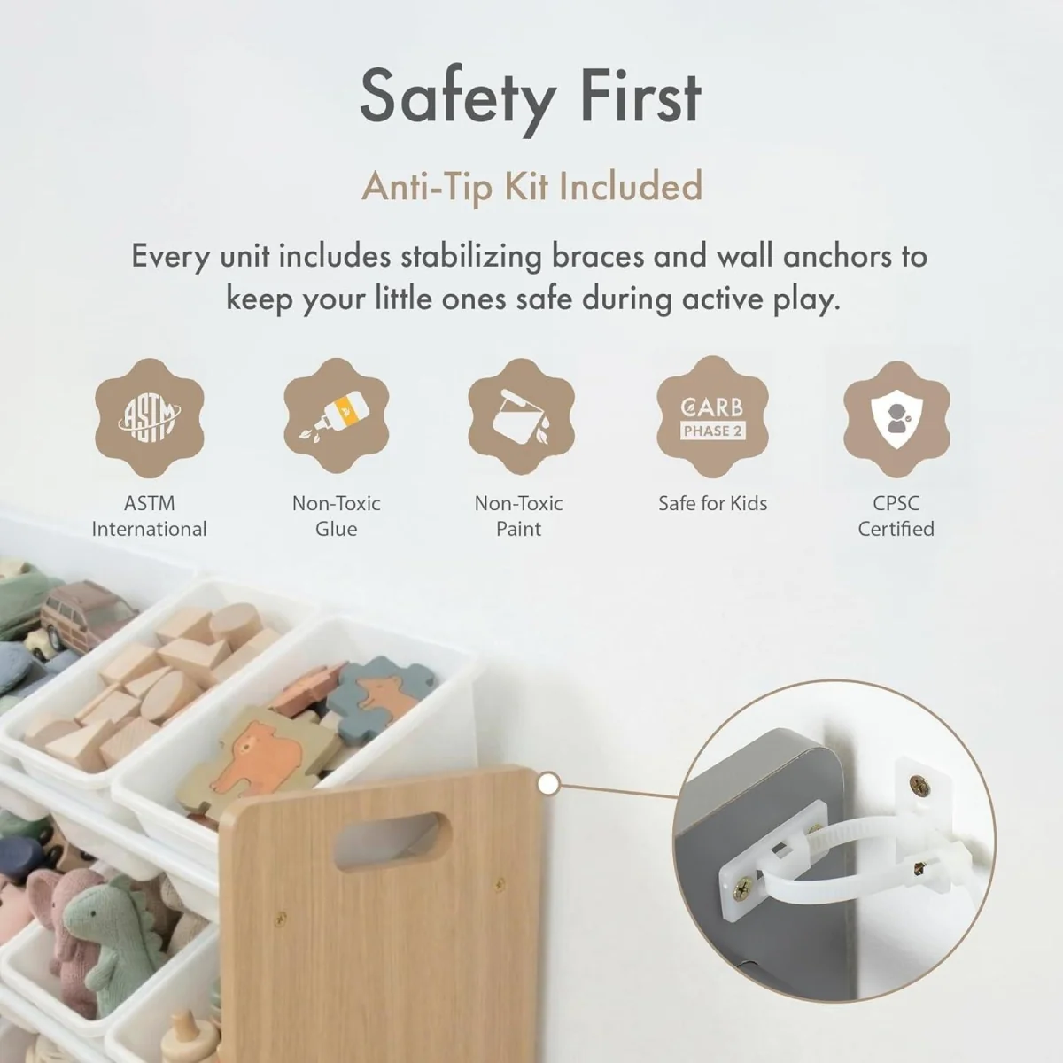 Kids Wooden Toy Storage Organiser with 12 Plastic Storage Bins Beige Playroom Unit for Toddlers - White – image 9