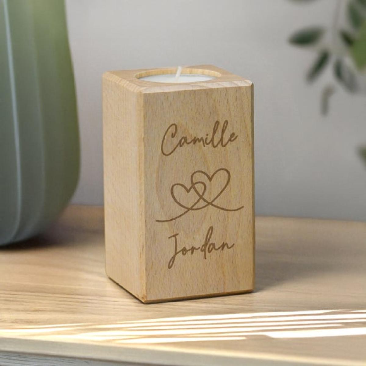 Personalised Engraved Hearts Wooden Tealight Holder – image 3