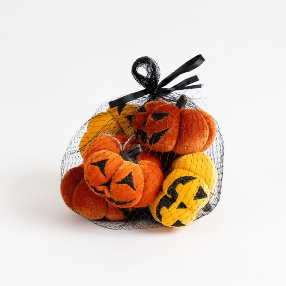 Set of 9 Hanging Halloween Velvet Pumpkins with Faces – image 2