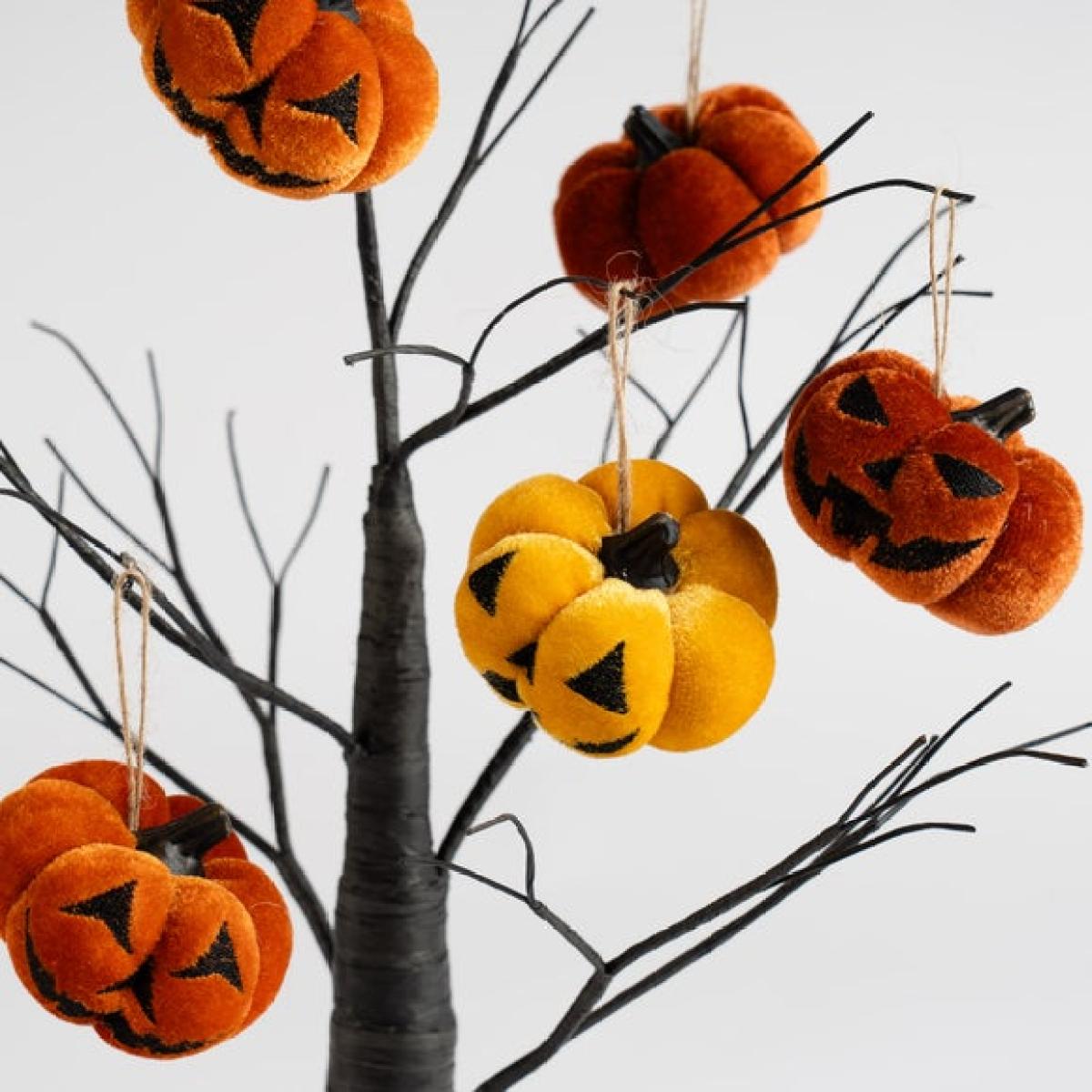 Set of 9 Hanging Halloween Velvet Pumpkins with Faces – image 3