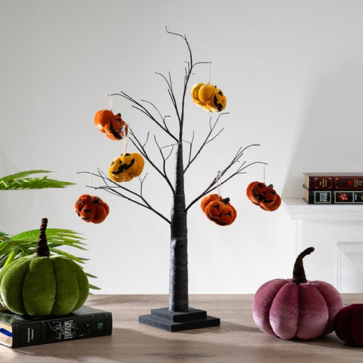 Set of 9 Hanging Halloween Velvet Pumpkins with Faces – image 4