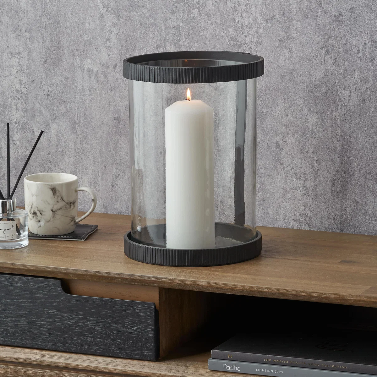 Black Ribbed Metal Glass Cylinder Hurricane Candle Holder – image 2