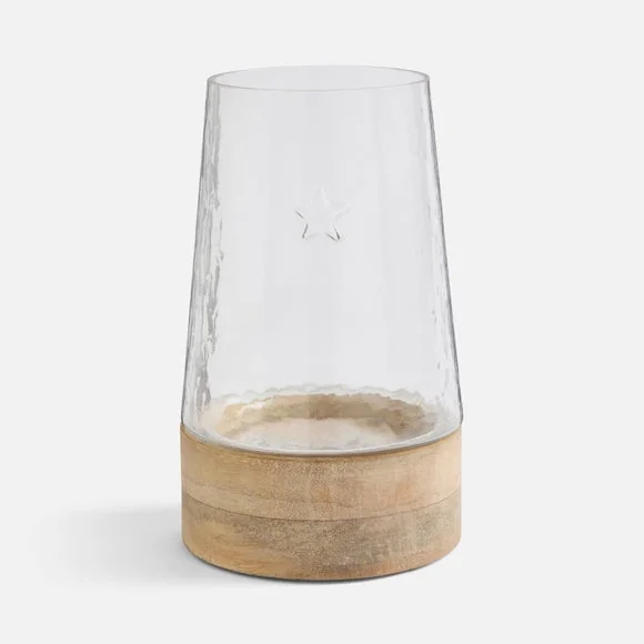 Embossed Star Glass & Wooden Hurricane Candle Holder – image 3
