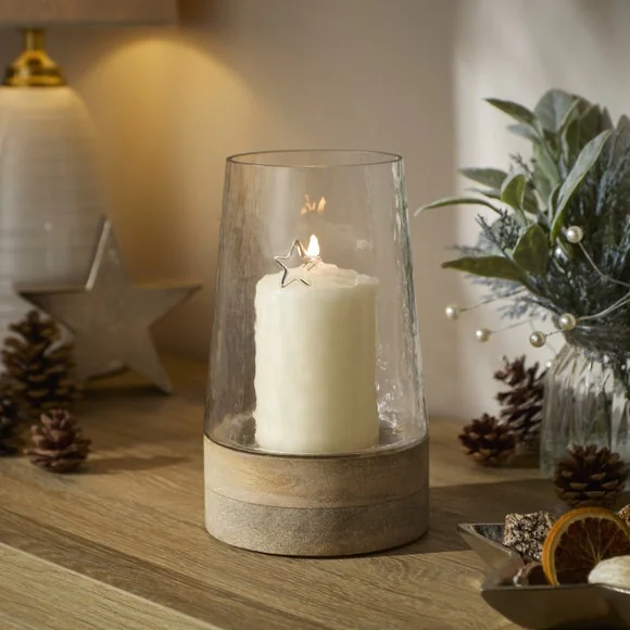 Embossed Star Glass & Wooden Hurricane Candle Holder – image 1