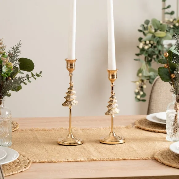 Set of 2 Gold Christmas Tree Candle Holders – image 1