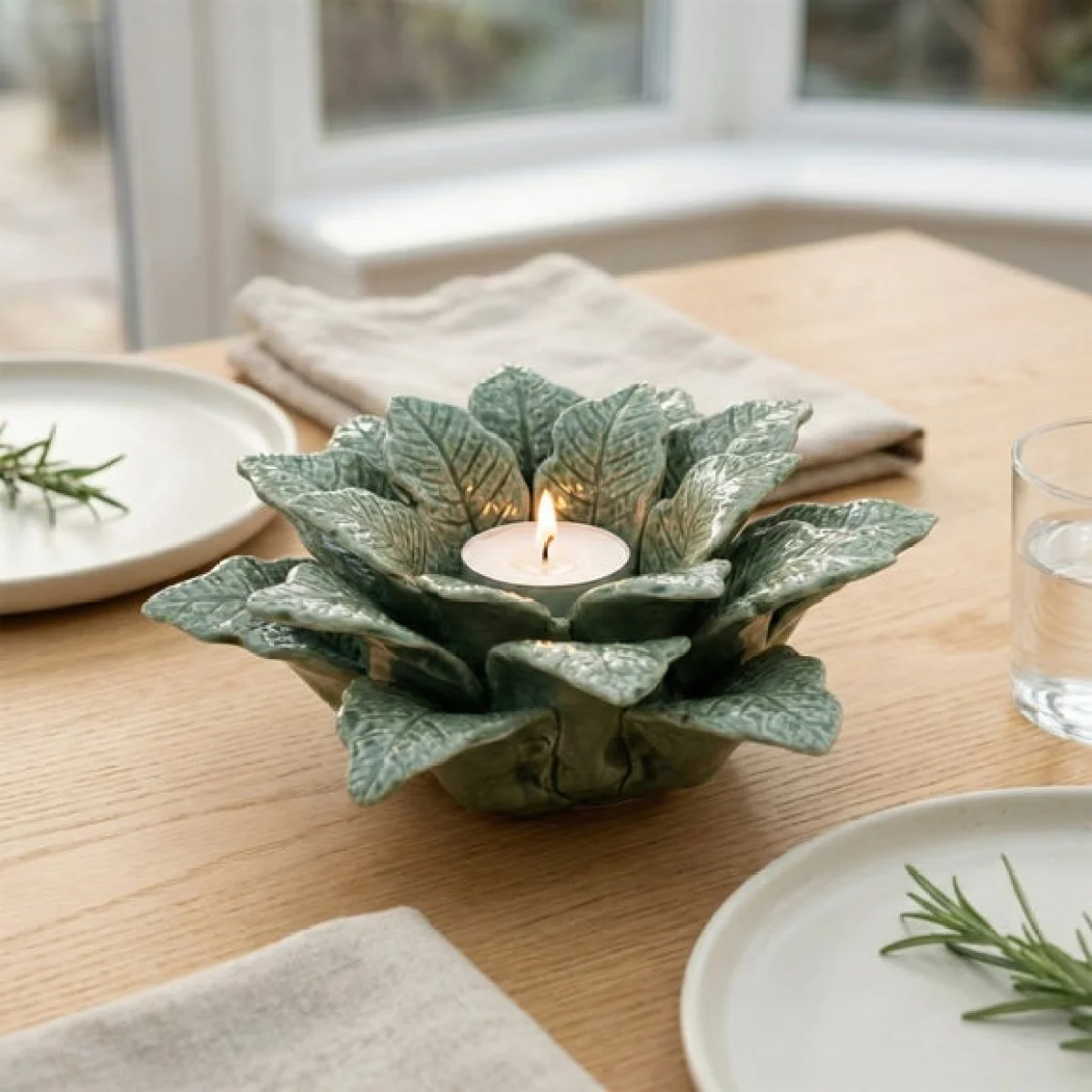 Green Flower Ceramic Tealight Holder – image 1