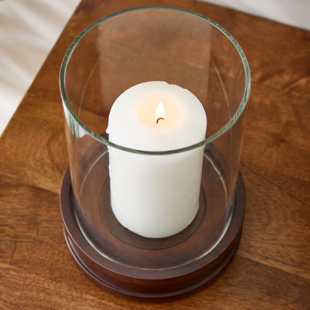 Turned Dark Mango Wood & Glass Hurricane Candle Holder – image 2