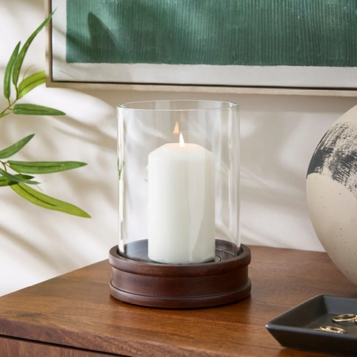 Turned Dark Mango Wood & Glass Hurricane Candle Holder – image 1