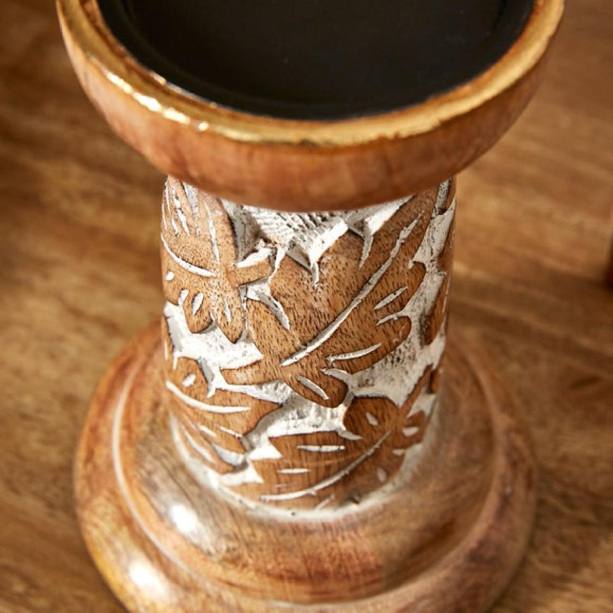 Carved Leaves Mango Wood Pillar Candle Holder – image 2