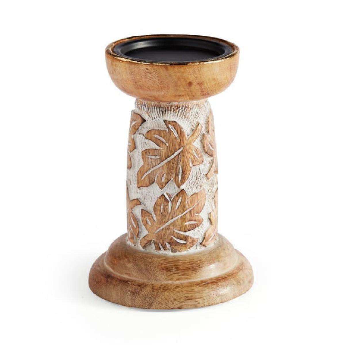 Carved Leaves Mango Wood Pillar Candle Holder – image 3