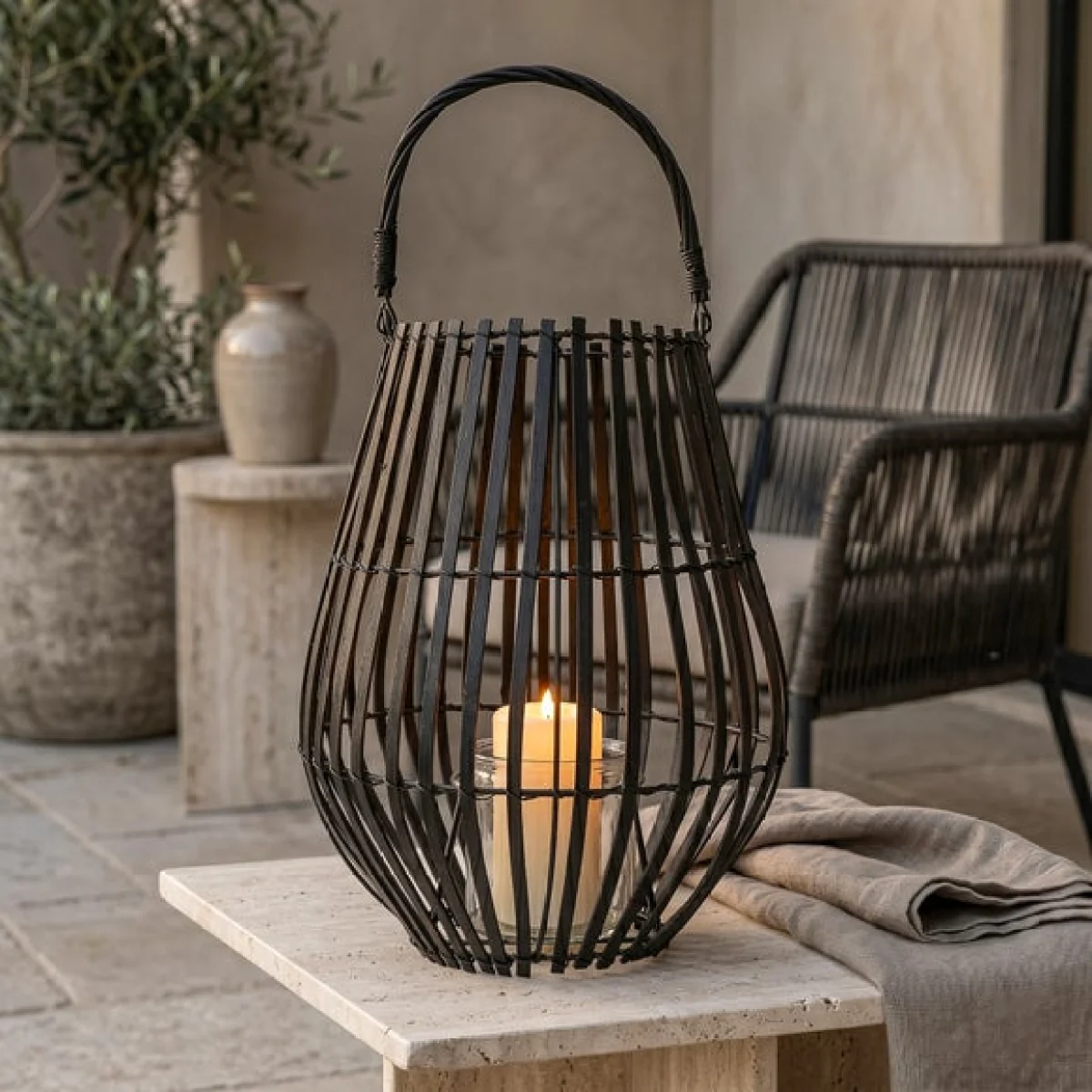 Matt Black Slatted Lantern With Handle – image 1