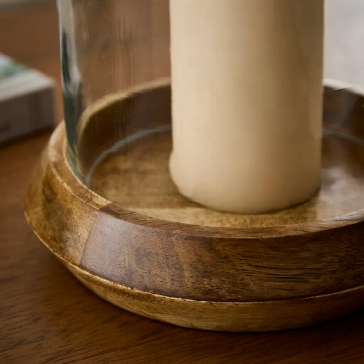 Mango Wood & Glass Hurricane Candle Holder – image 2