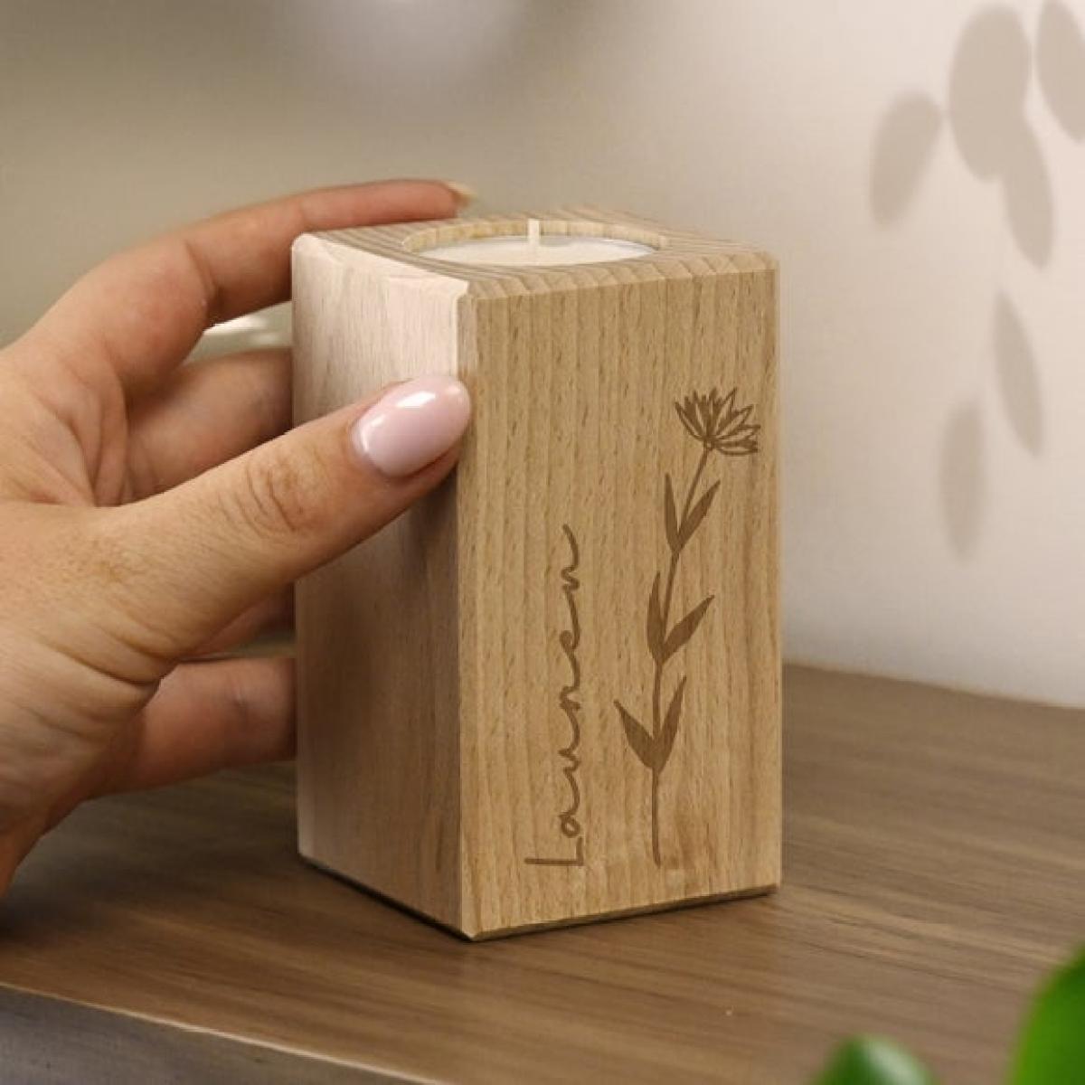 Personalised Engraved Floral Wooden Tealight Holder – image 2