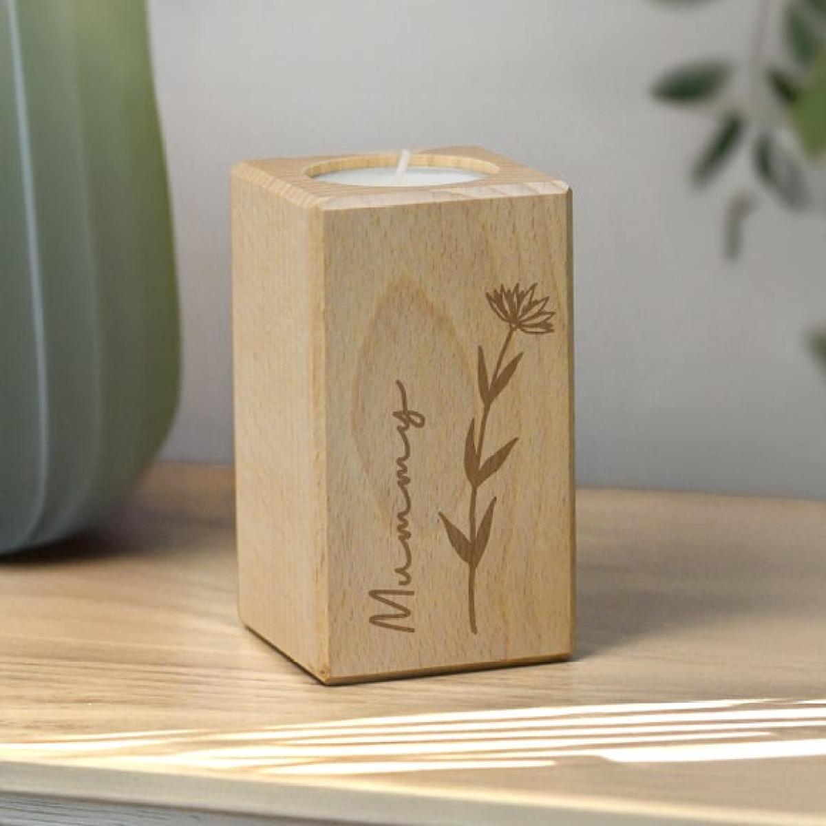 Personalised Engraved Floral Wooden Tealight Holder – image 3