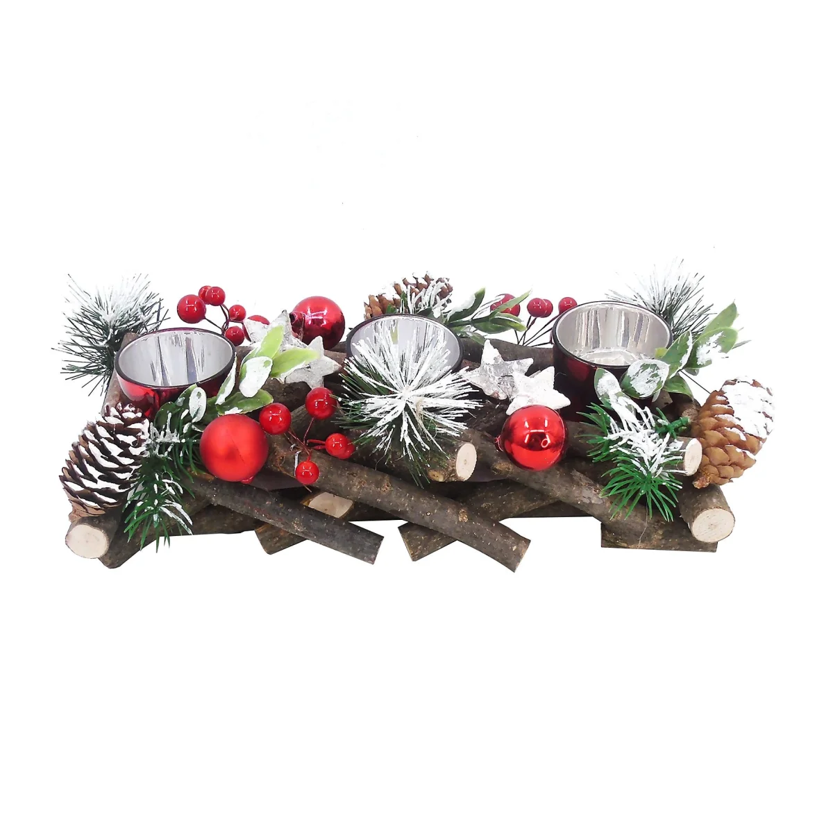 Red Berry & Willow 3 Candle Holder Christmas Tabletop Decoration - 30cm