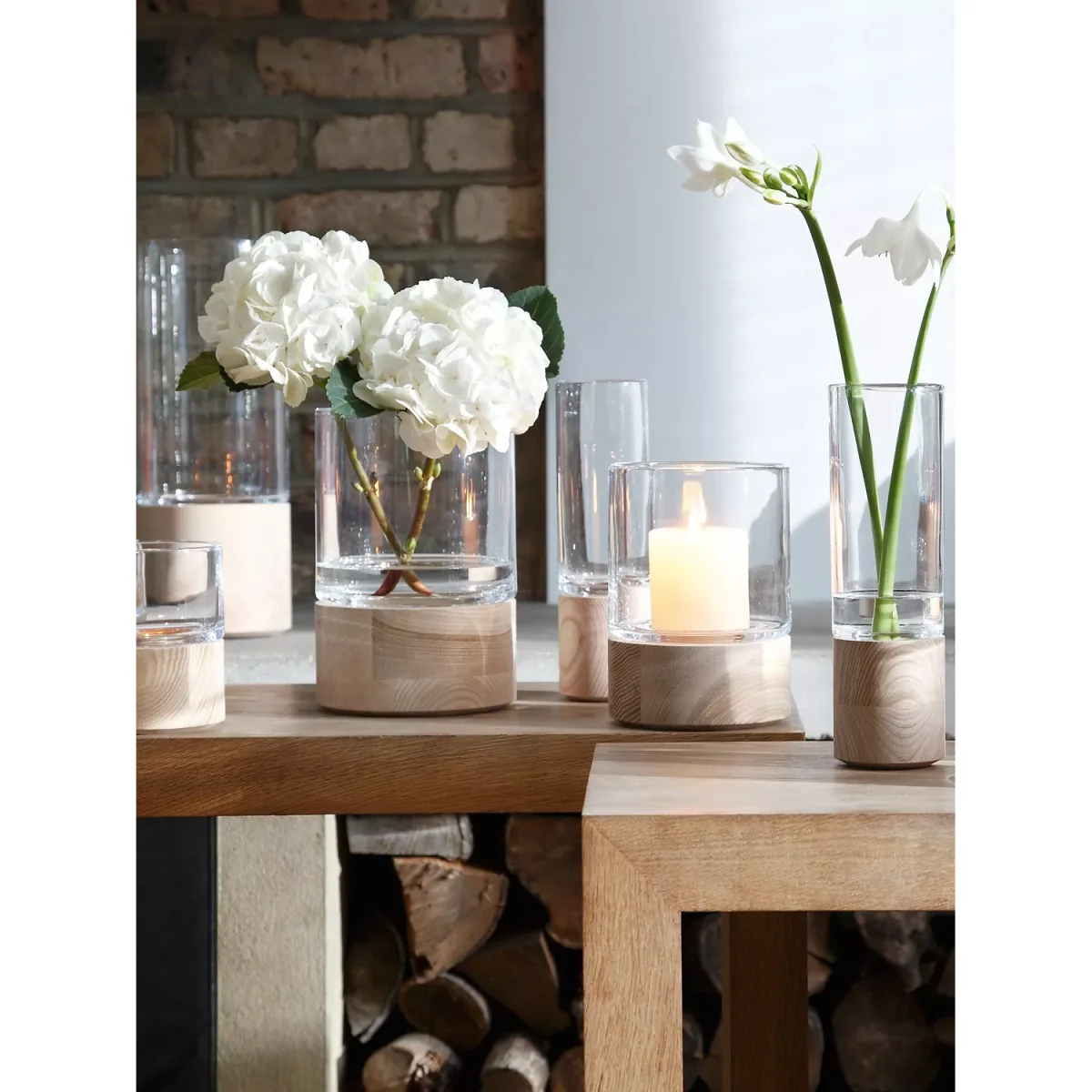 LSA International Lotta Glass Lantern & Ash Wood Base Candle Holder, H22.5cm – image 2
