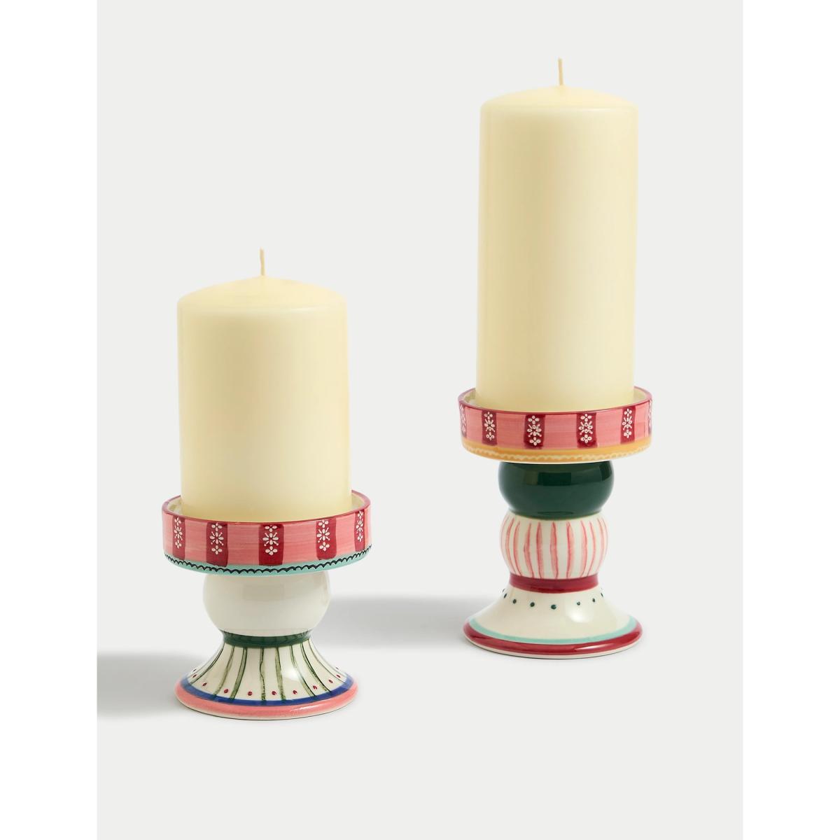 M&S Set of 2 Patterned Ceramic Candle Holders - Multi, Multi – image 2