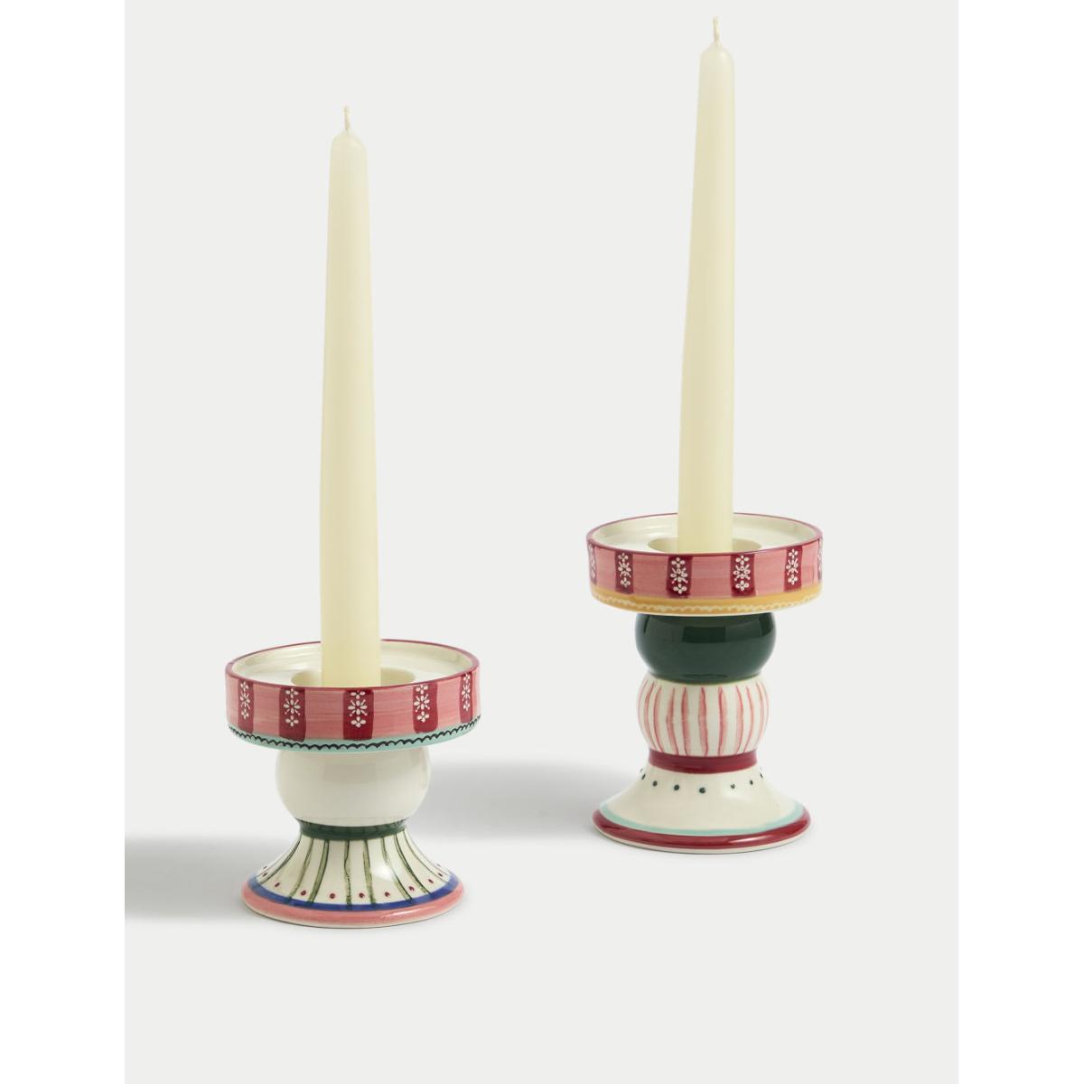 M&S Set of 2 Patterned Ceramic Candle Holders - Multi, Multi – image 3