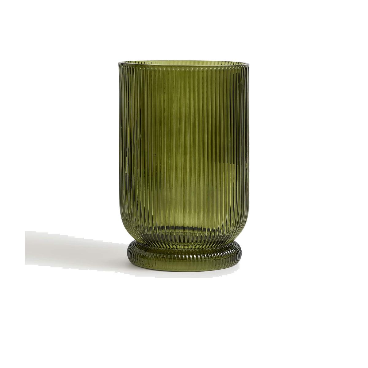 M&S Ridged Glass Hurricane Candle Holder - Green, Green – image 1