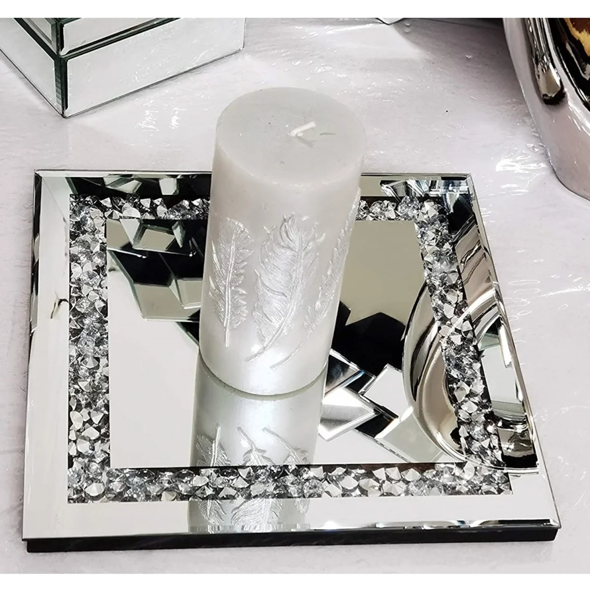 Square Diamante Mirrored Crystal Candle Plate Candle Holder - Silver – image 2