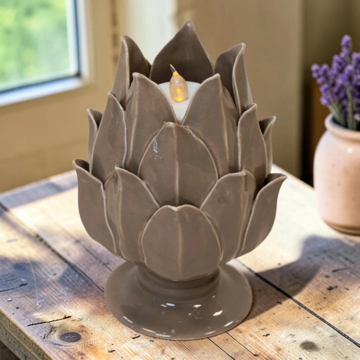 Taupe Glazed Artichoke Candle Holder – image 2