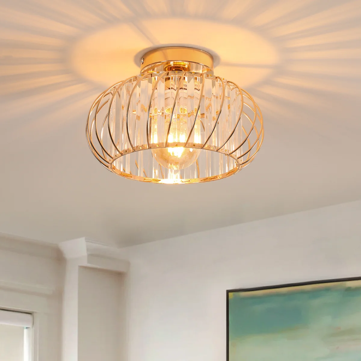 GOECO 28cm Black Crystal Lantern Ceiling Light - Gold