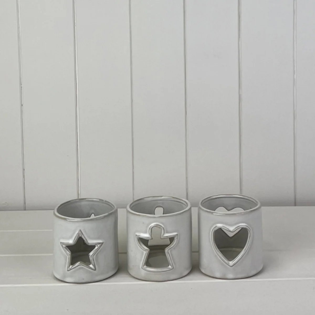 Grey Glazed Ceramic Tealight Holder with Heart Cut Out with Textured - Grey – image 2