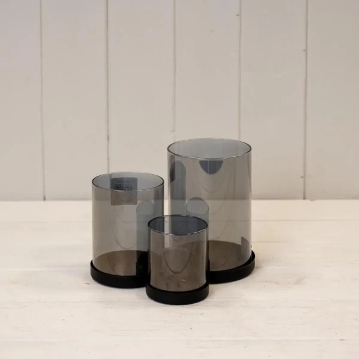 Set of Three Black Glass Candle Holders with Metal Base - Black