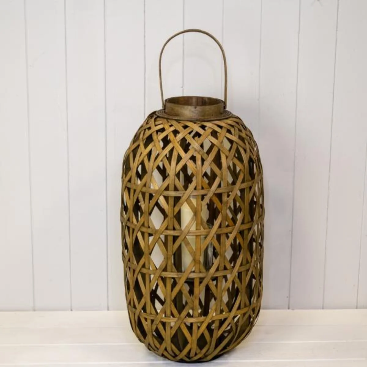 Brown Medium Oval Bamboo Lantern with Glass Insert - Brown – image 1