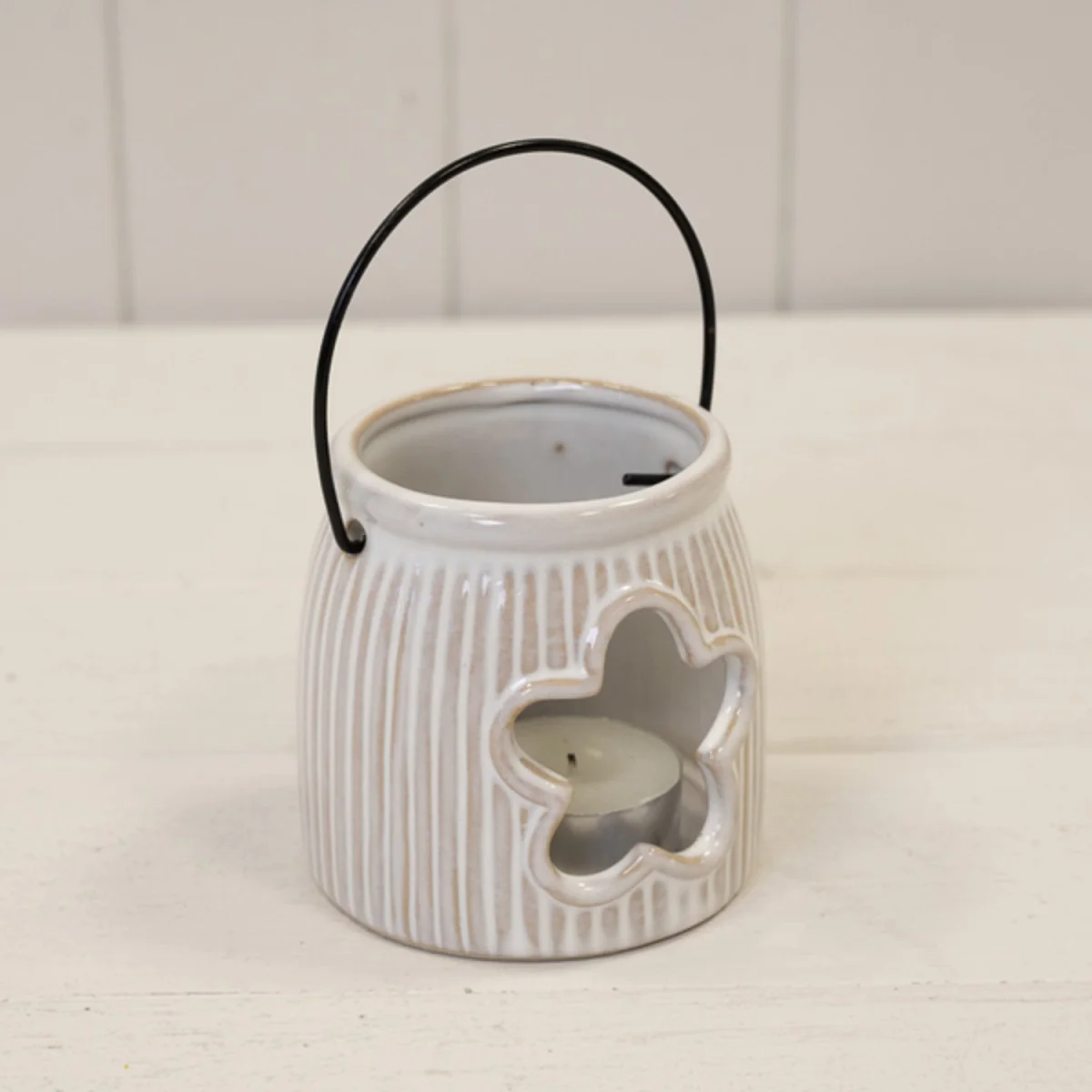 White Natural Ceramic Tealight Holder with Flower Cut Out - Natural – image 2