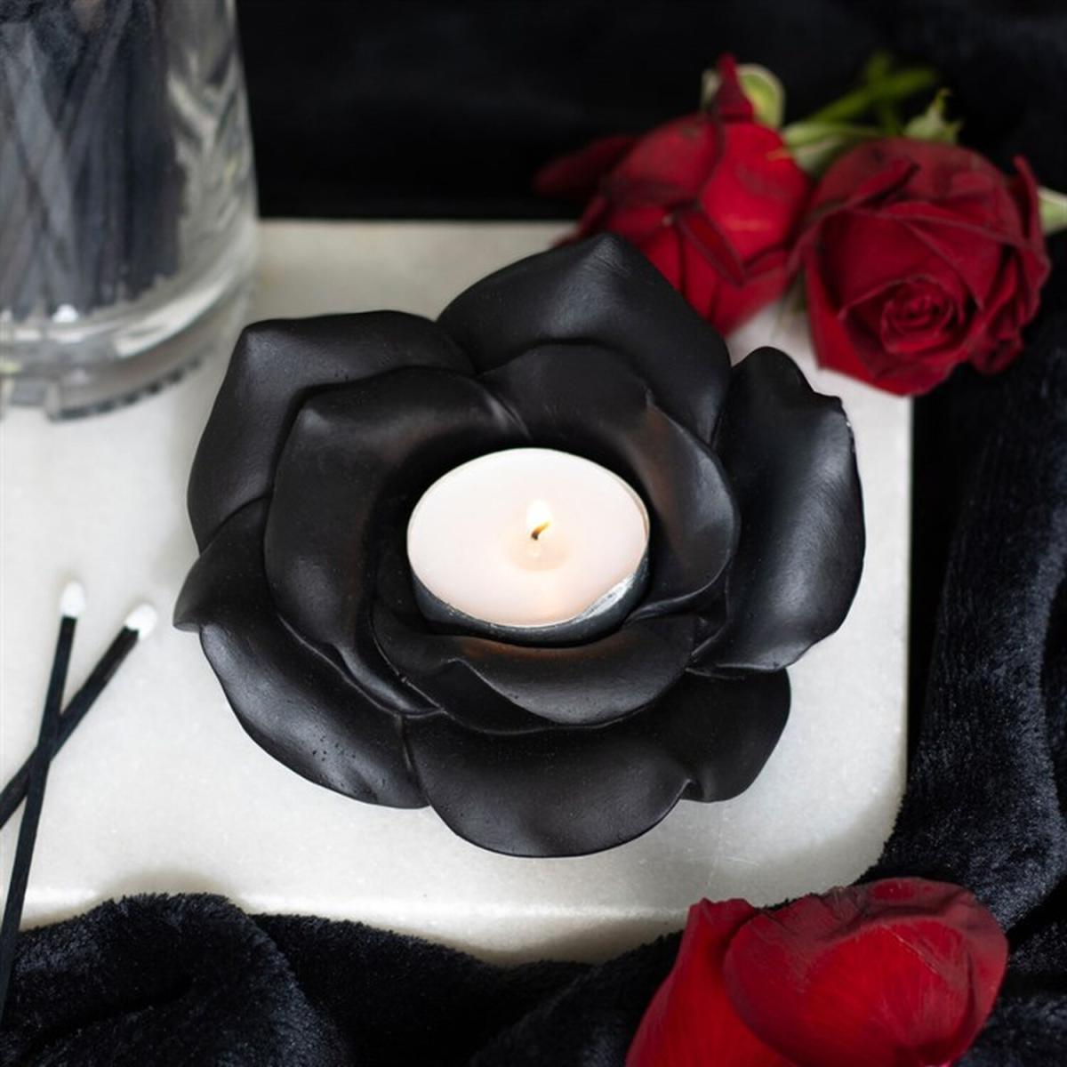 Enchanting Rose Resin Tealight Candle Holder - Black