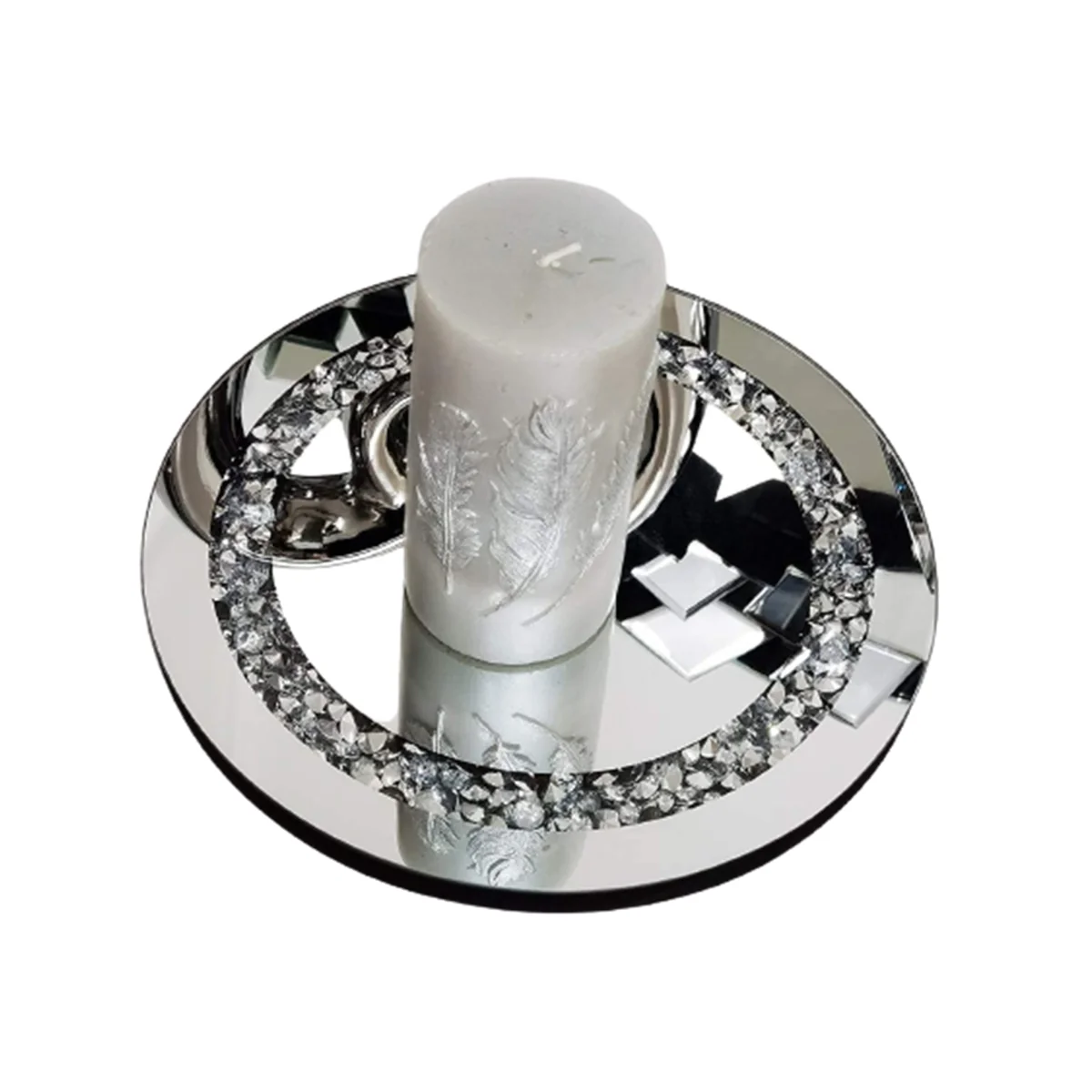 Round Diamante Mirrored Crystal Candle Plate Candle Holder - Silver – image 1