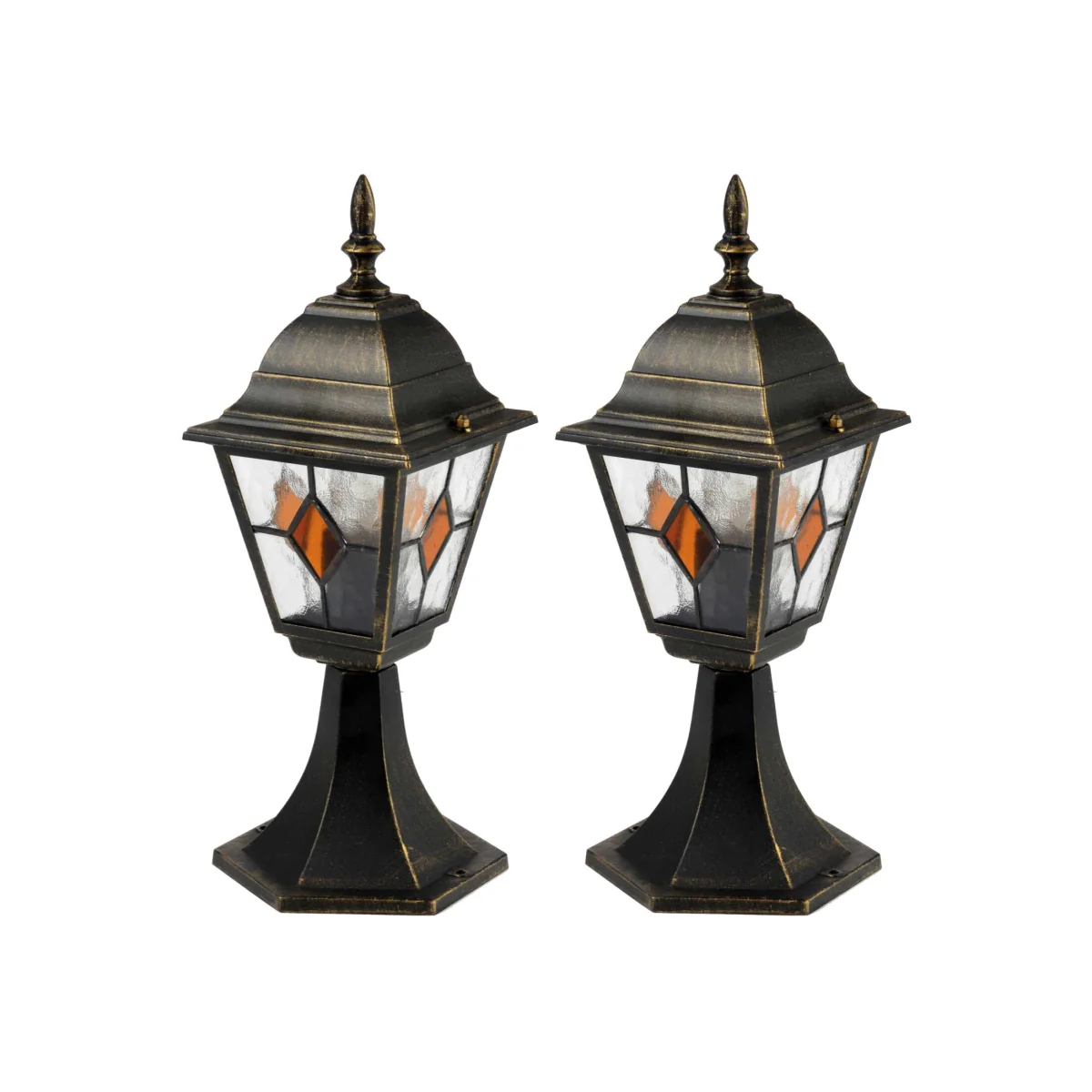 Set Of 2 Black Brushed Gold Outdoor Lantern Pedestal Post Light - Black Gold & Amber – image 1