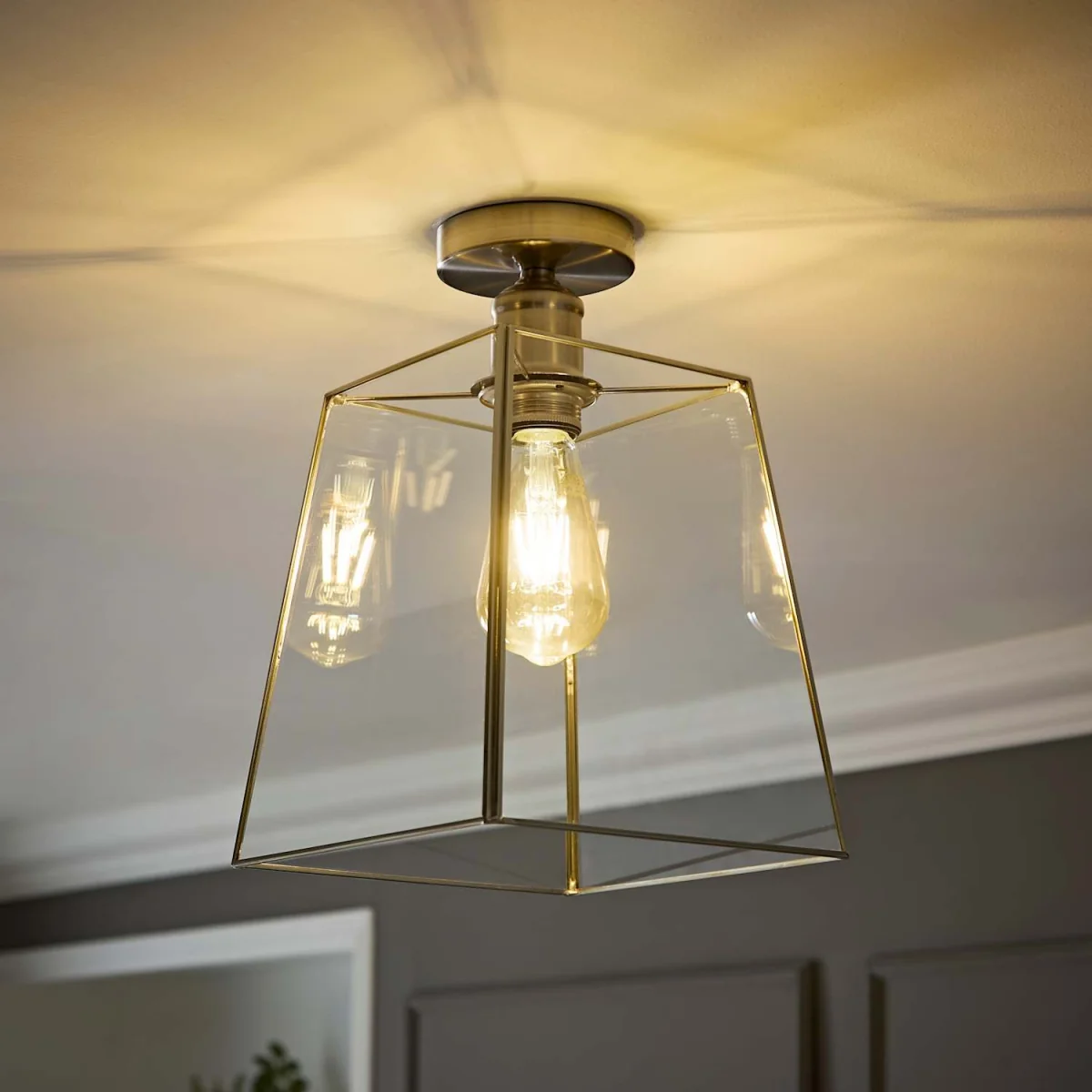 Susie Glass Lantern Lamp Shade Flush Ceiling Fitting Light - Brushed Chrome / 18cm – image 1