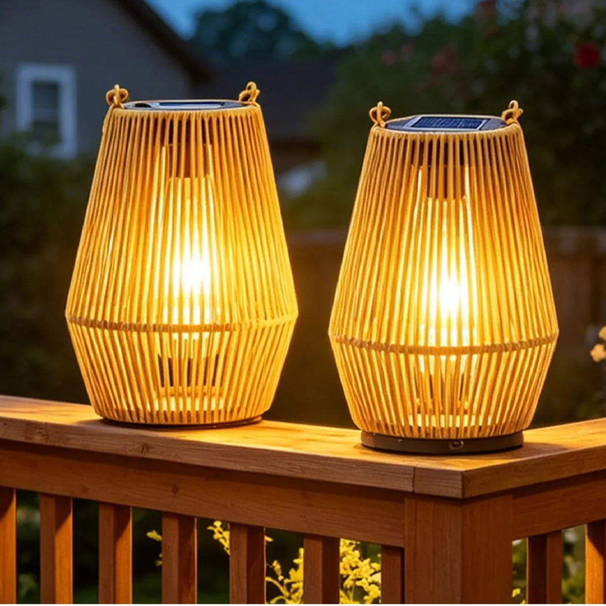 Set of 2 Solar Rattan Hanging LED Garden Lanterns – image 1